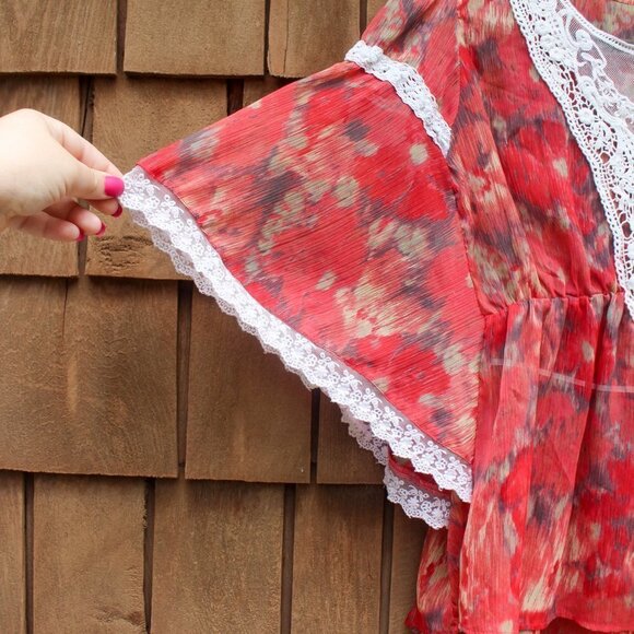 Free People Daydreamer Kimono Style Embroidered Top Lace Sheer Peasant Blouse S - Picture 4 of 9